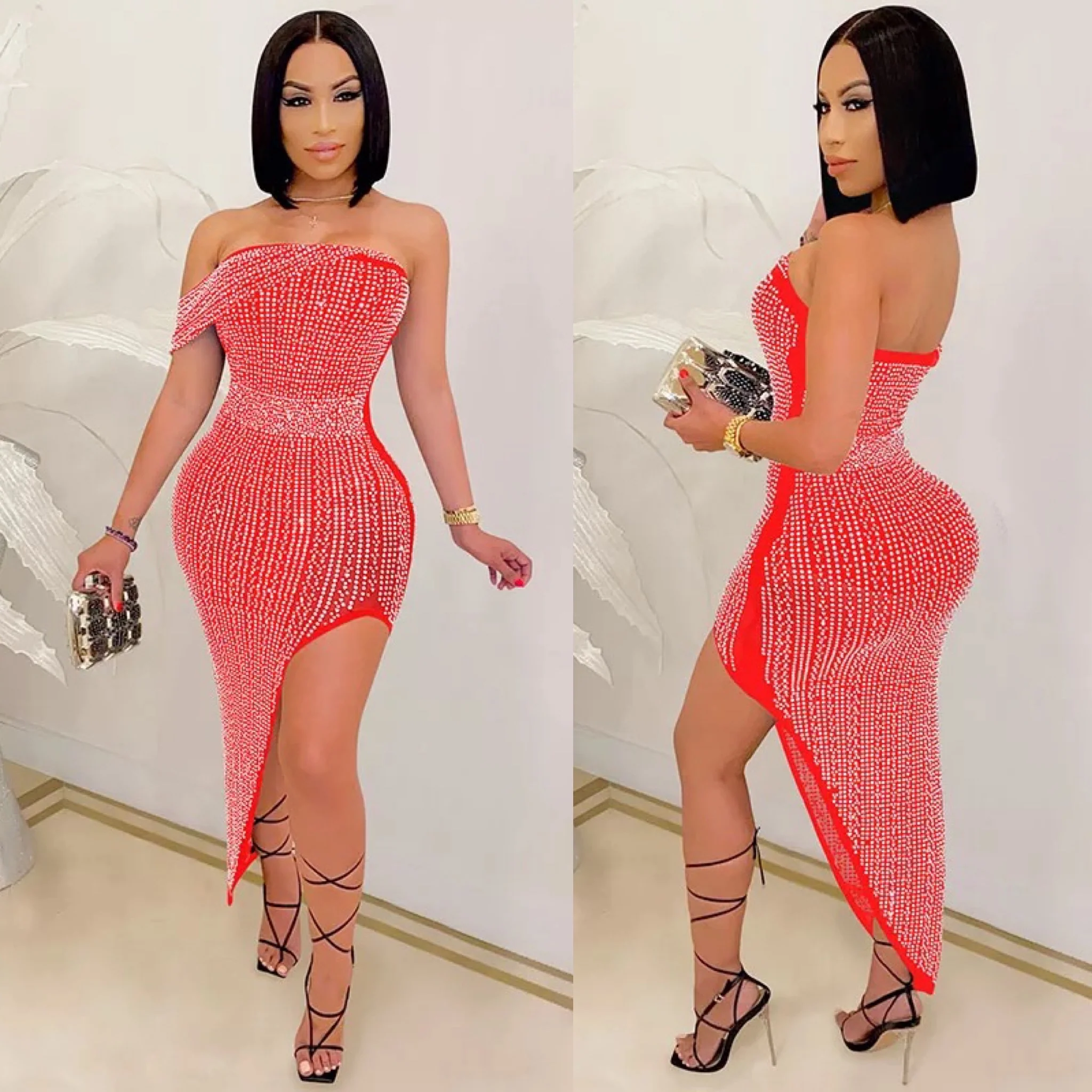 Rhinestone Diamond Asymmetrical Sexy Dress - Image 5