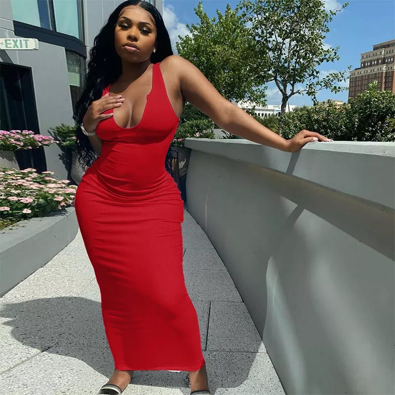 Ribbed Sleeveless V-Neck Bodycon Dress - Image 3