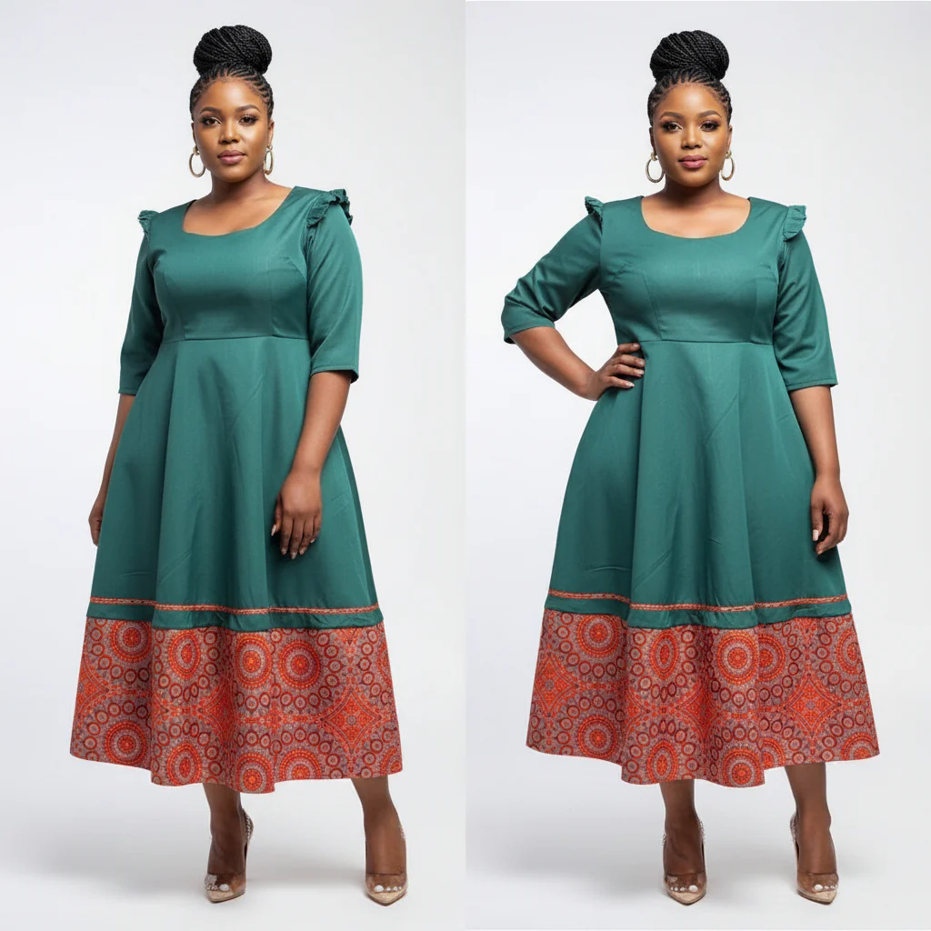 Round Neck 3 Quart Sleeve Ankara Dress - Image 2