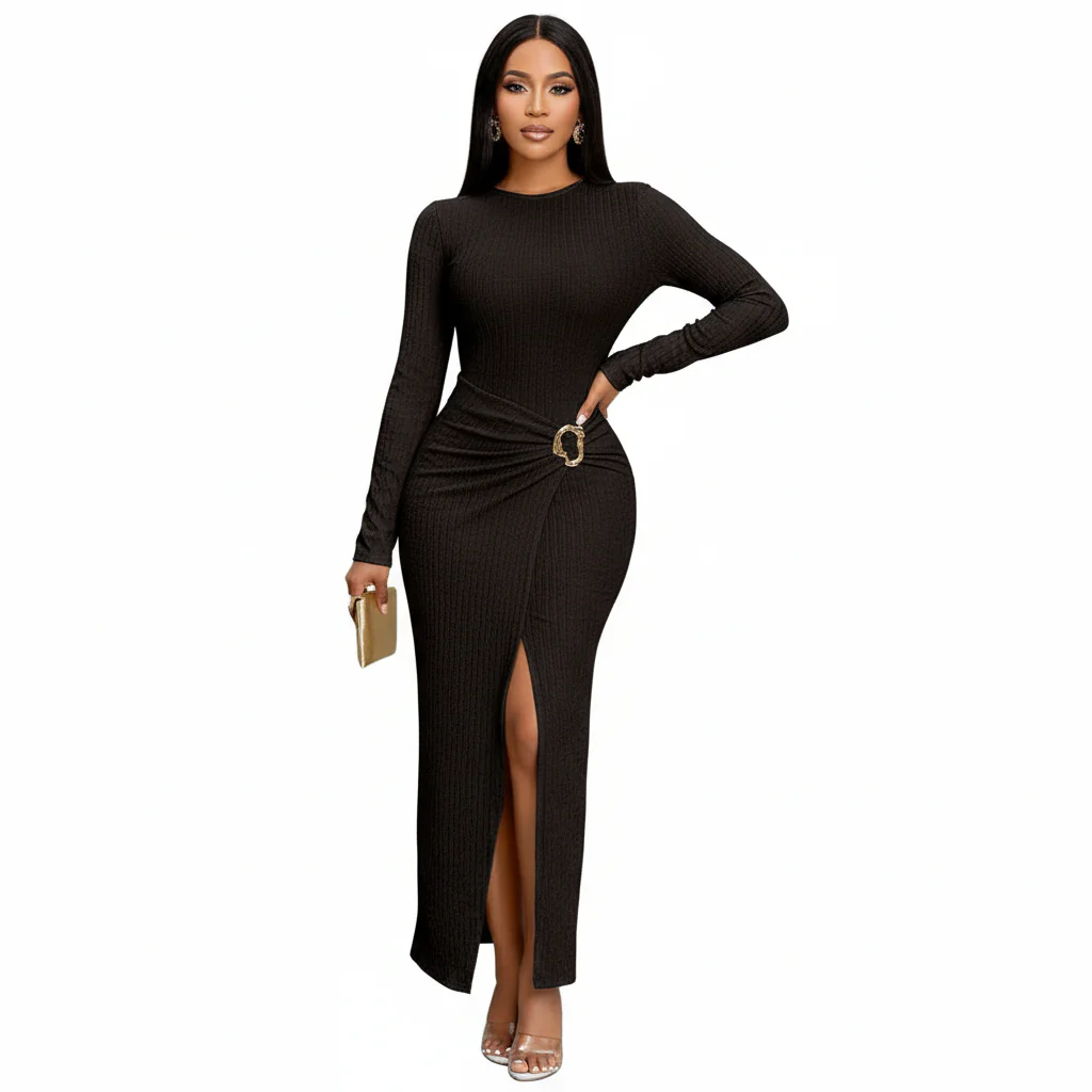 Round Neck A-line Slit Maxi Dress - Image 2