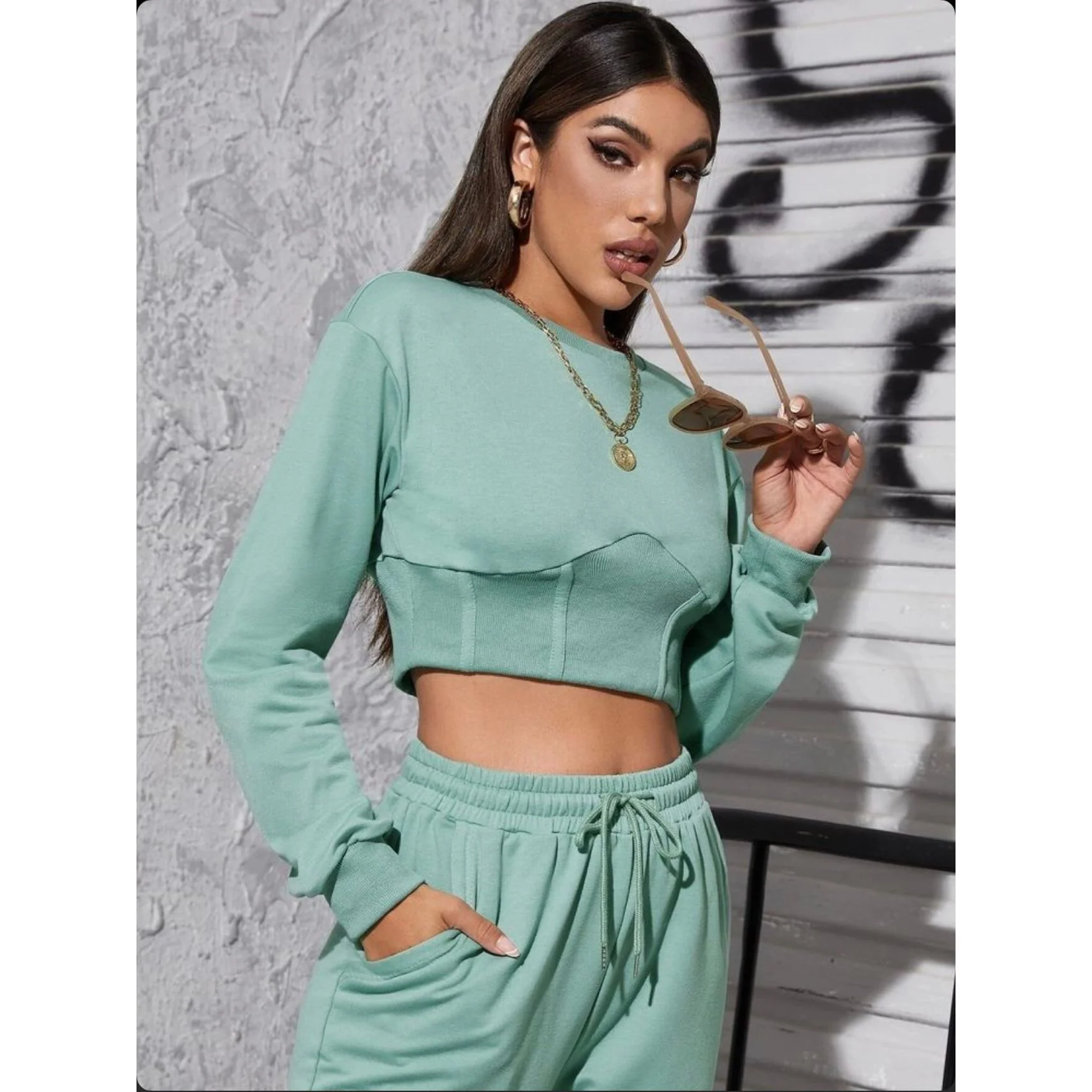 Round Neck Crop Top & High Waisted Pants Two Piece Set - Image 2