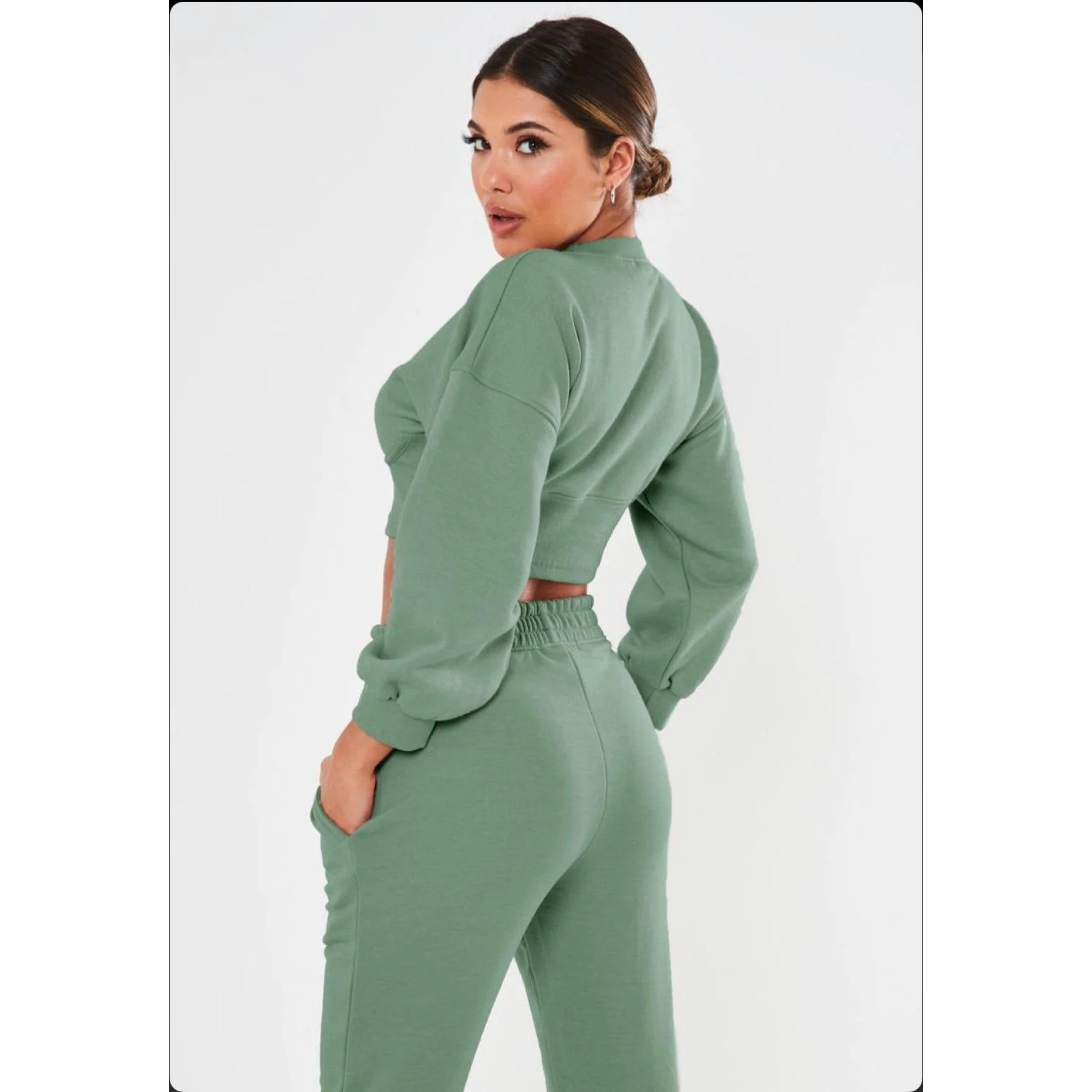 Round Neck Crop Top & High Waisted Pants Two Piece Set - Image 3