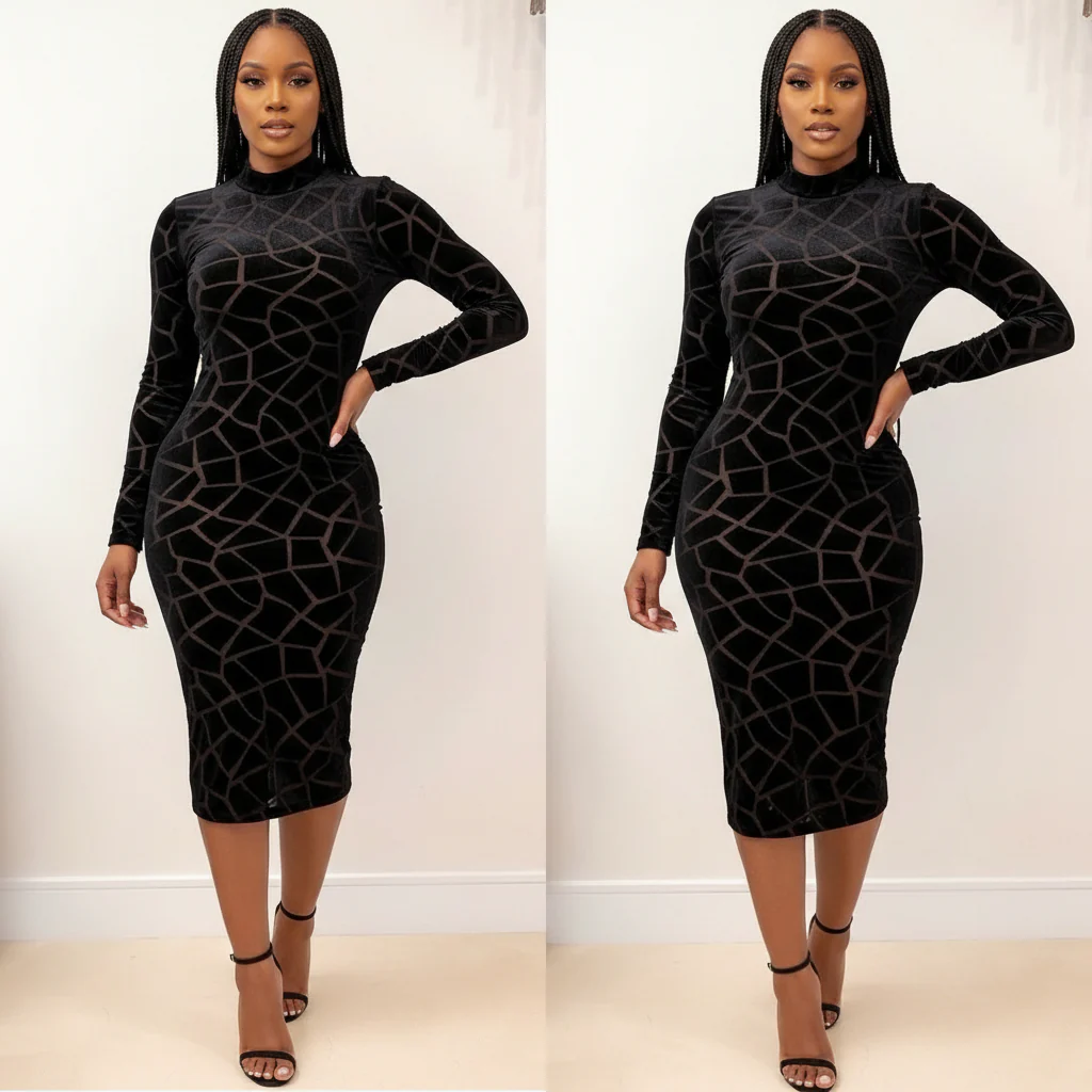 Round Neck Long Sleeve Bodycon Dress - Image 3