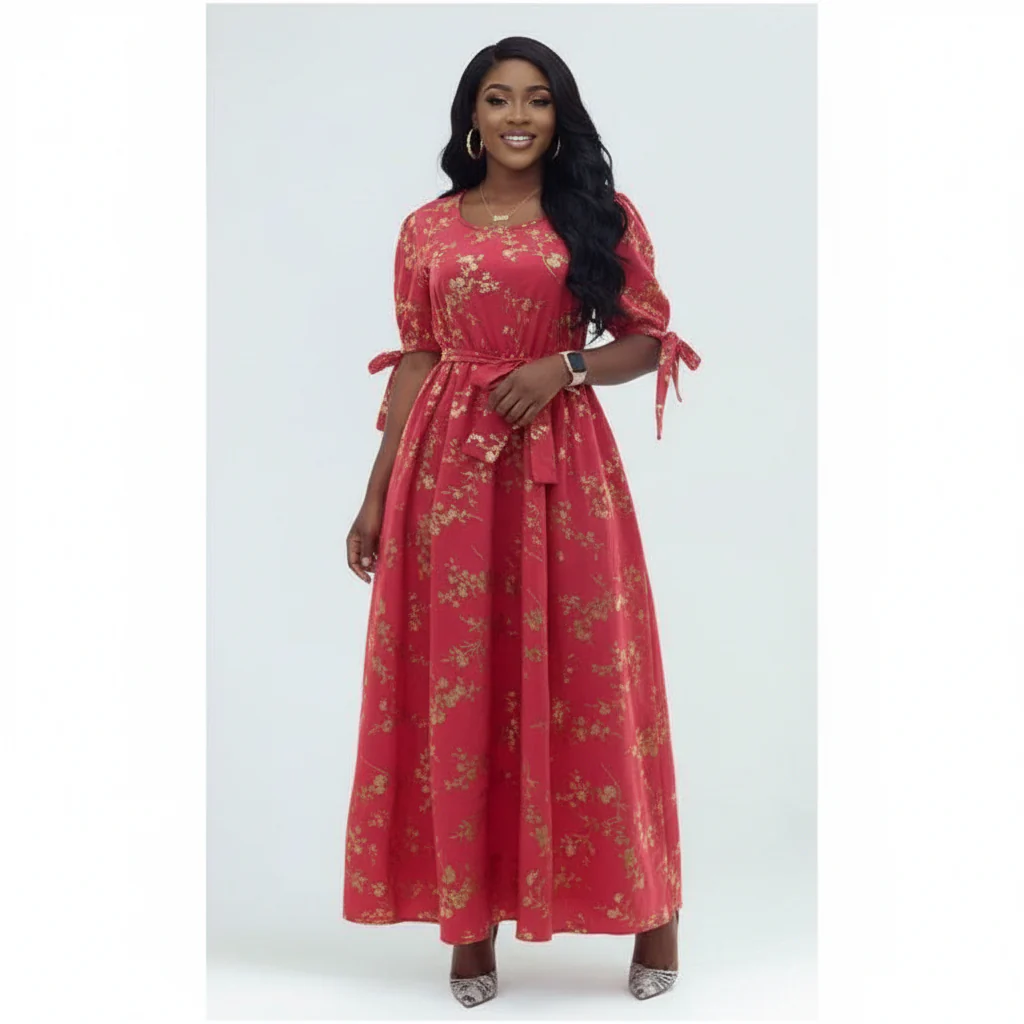 Round-Neck Long Sleeve Floral A-line Maxi Dress - Image 2