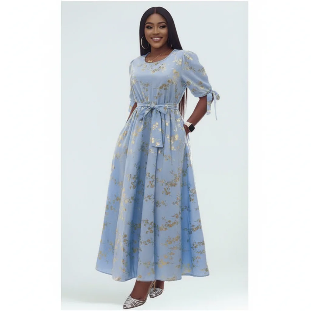 Round-Neck Long Sleeve Floral A-line Maxi Dress - Image 4