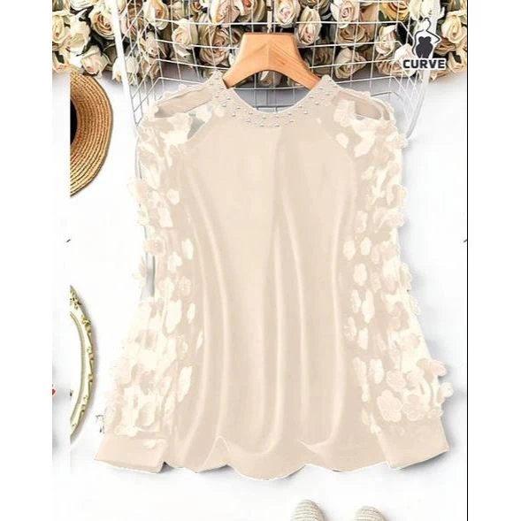 Round Neck Long Sleeve Floral Decor Blouse - Image 2