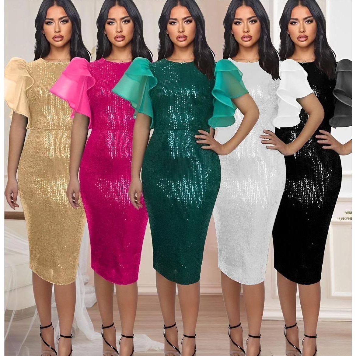 Round-Neck Ruffles Short Sleeve Bodycon Dress - Image 2