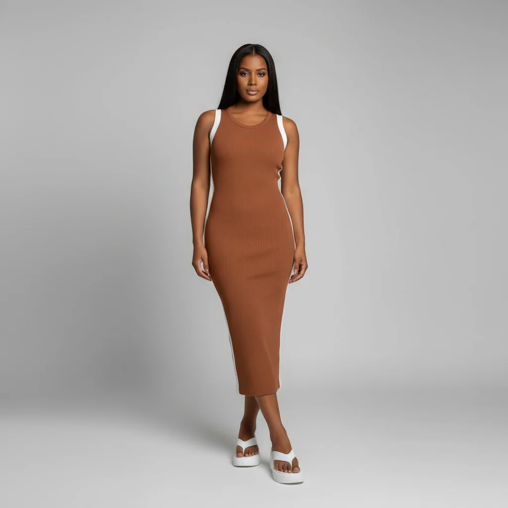 Round Neck Tight Sleeveless Trimmed Midi Dress - Image 3