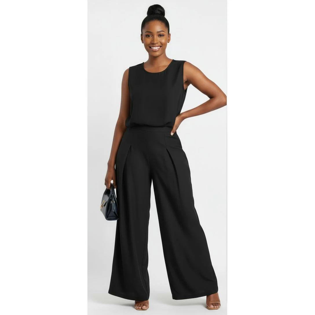 Round Neck Top and Wide-Leg Pants Casual Two-Piece Set - Image 2