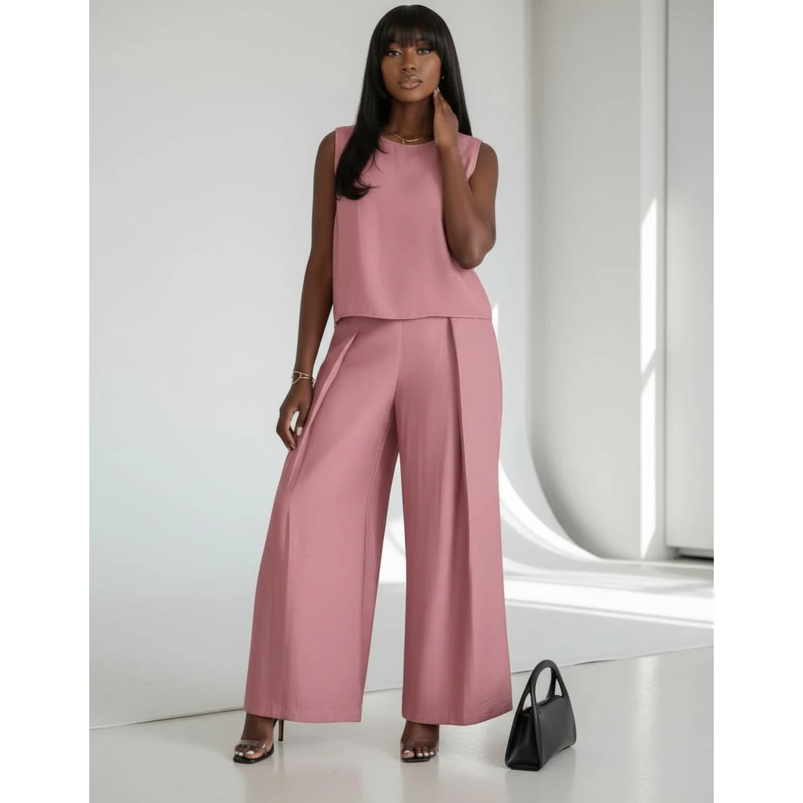 Round Neck Top and Wide-Leg Pants Casual Two-Piece Set - Image 3