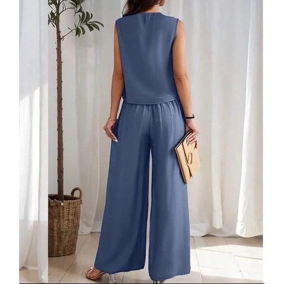 Round Neck Top and Wide-Leg Pants Casual Two-Piece Set - Image 4