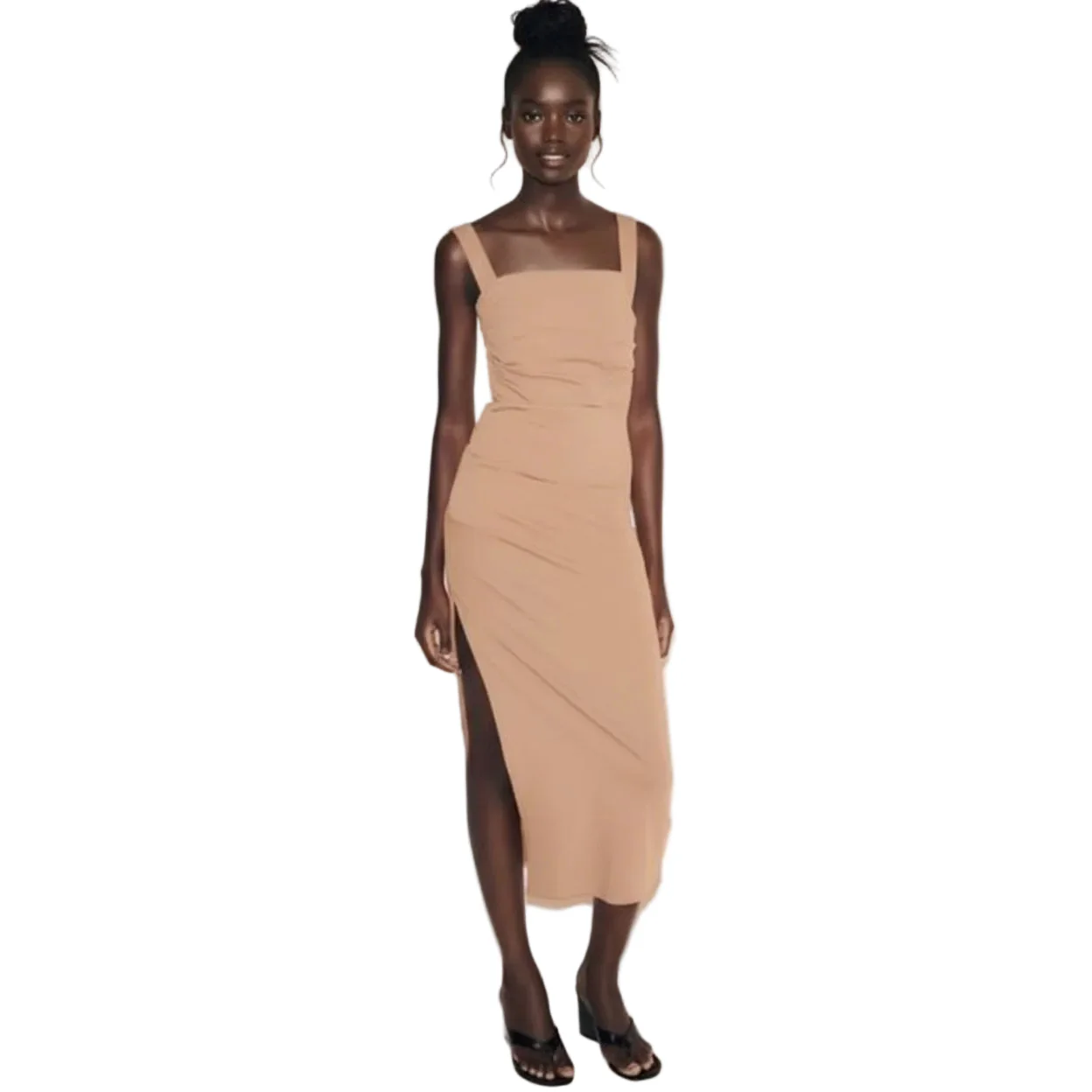 Ruched High Slit Bodycon Midi Dress - Image 3