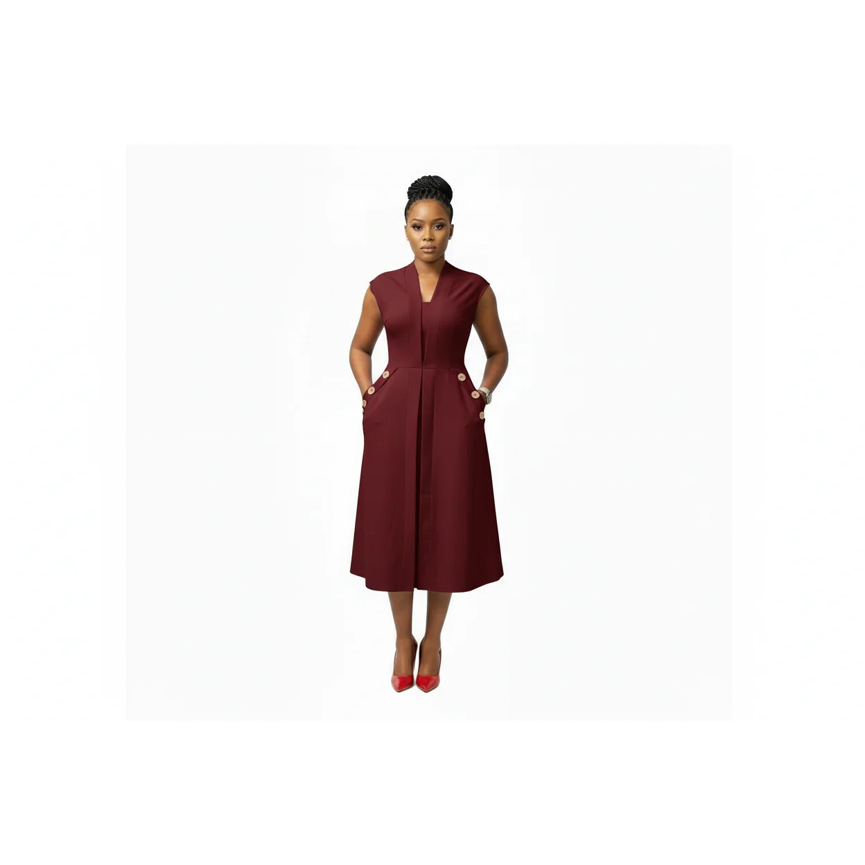Sleeveless Ruffle Front Trim Button Sexy Midi Dress