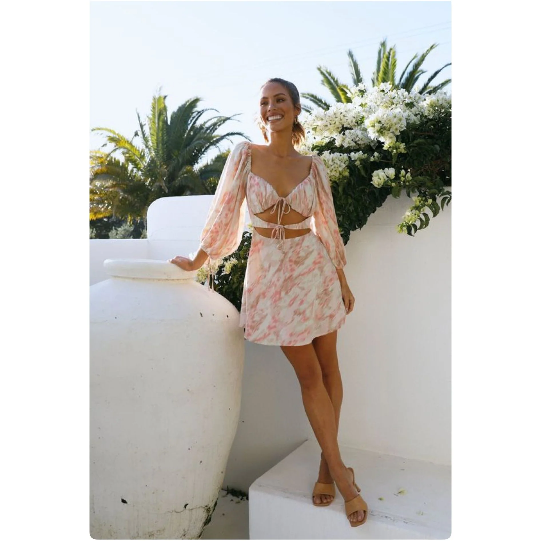 Ruffle Long Sleeve Crop Top Lace up Dress. - Image 2
