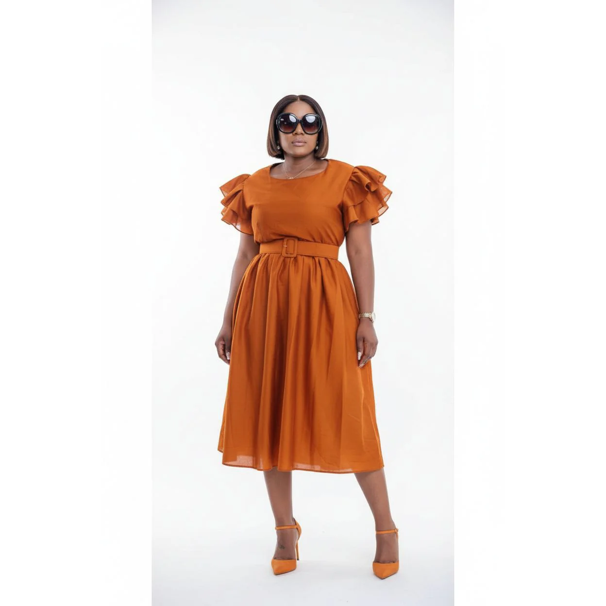 Ruffle Short Sleeves Midi Dress