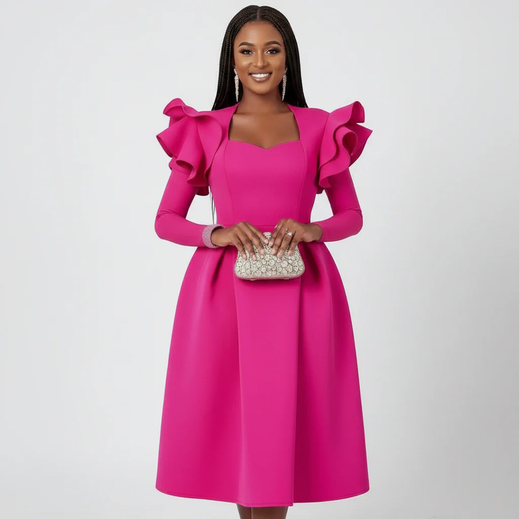 Ruffle Sleeve Plus Size A Line Knee Cocktail Dress - Image 4