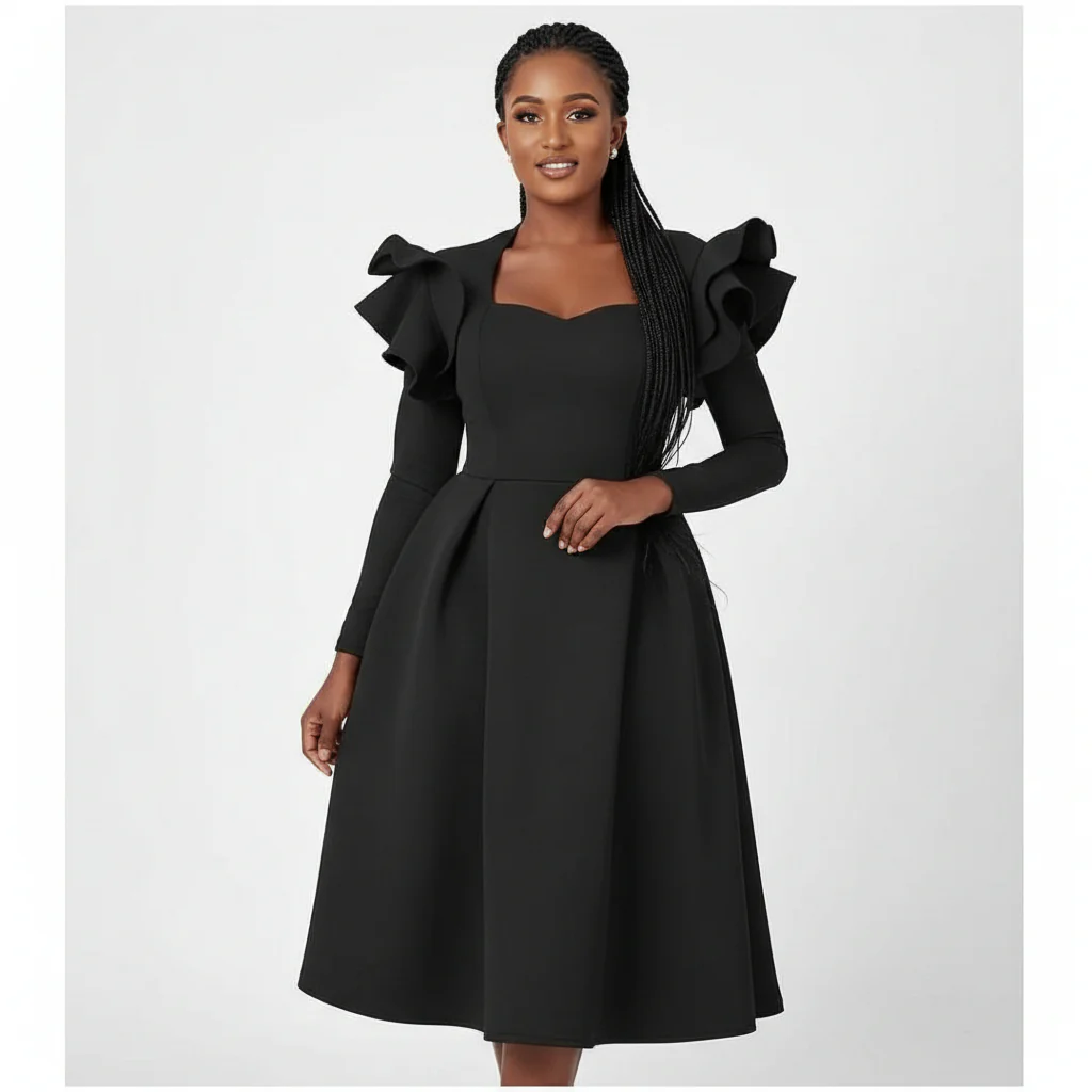 Ruffle Sleeve Plus Size A Line Knee Cocktail Dress - Image 5