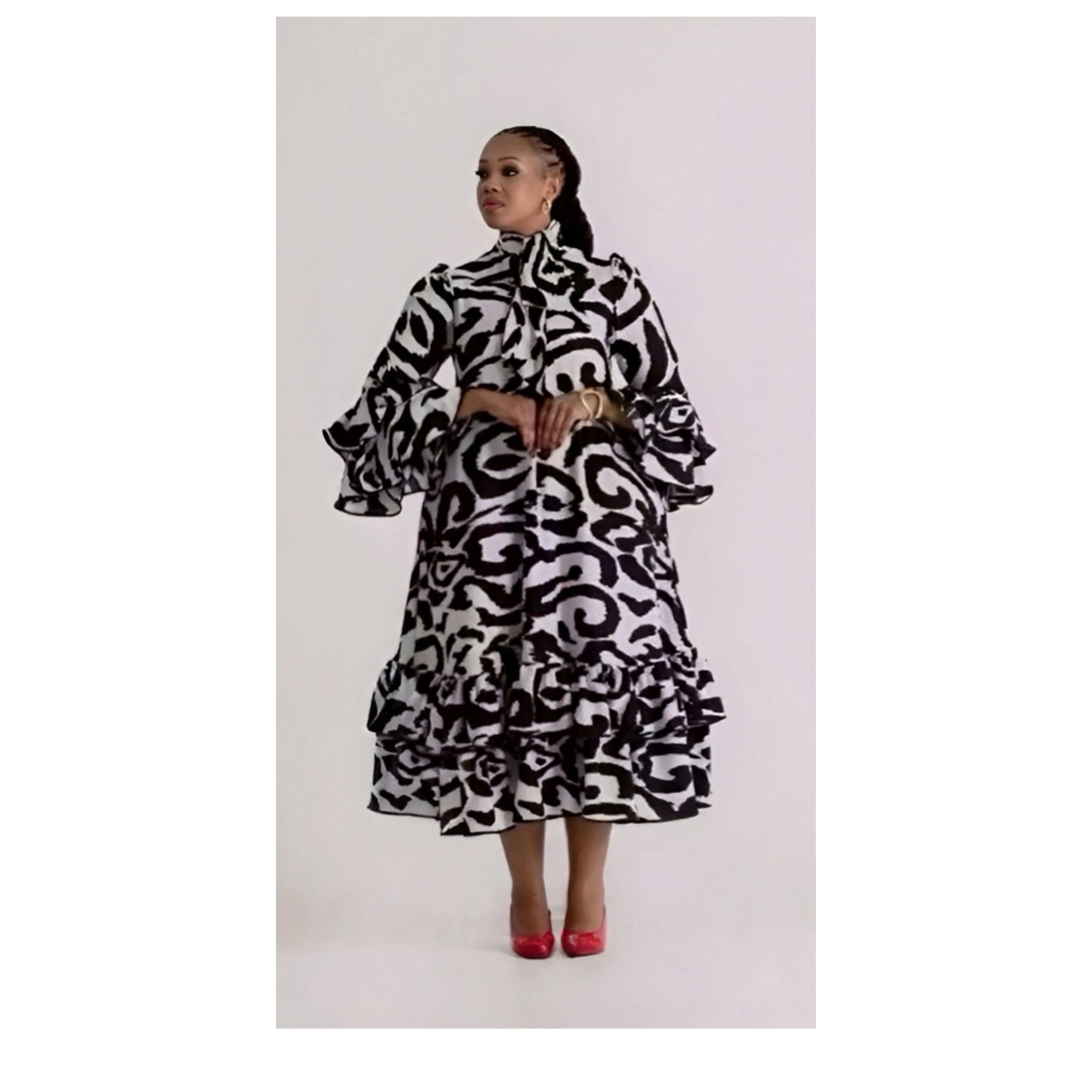 Ruffle Twisted Elegant Hem High-neck Design Dress.