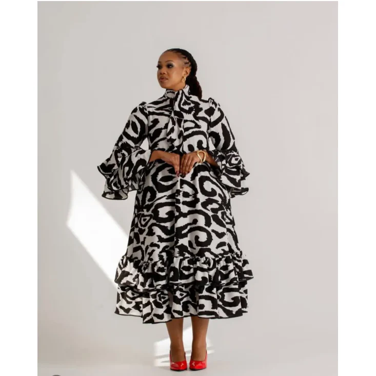 Ruffle Twisted Elegant Hem High-neck Design Dress. - Image 2