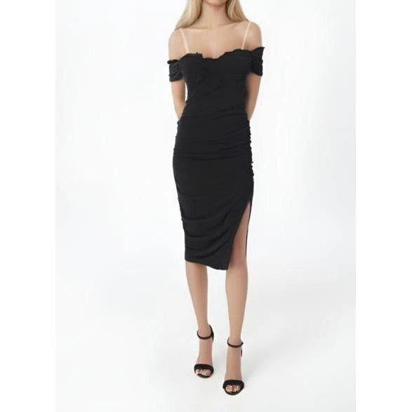Ruffled Mesh Cross Strap Spaghetti Slit Midi Dress - Image 3