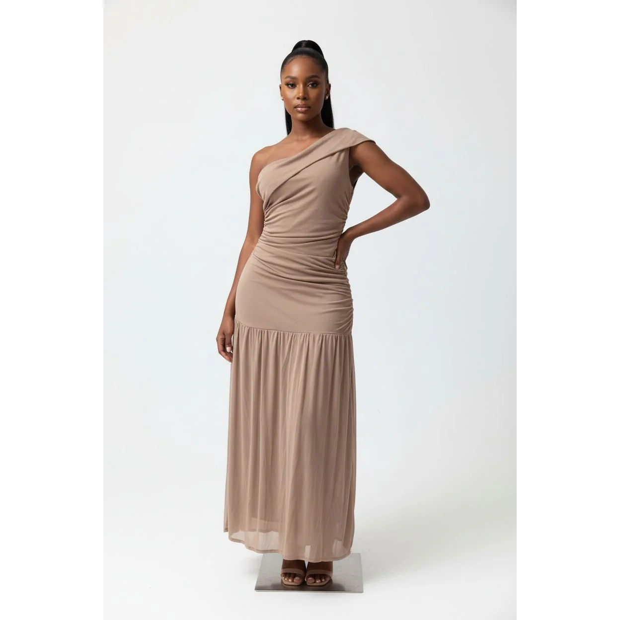 Ruffled Mesh One Shoulder Midi Dress