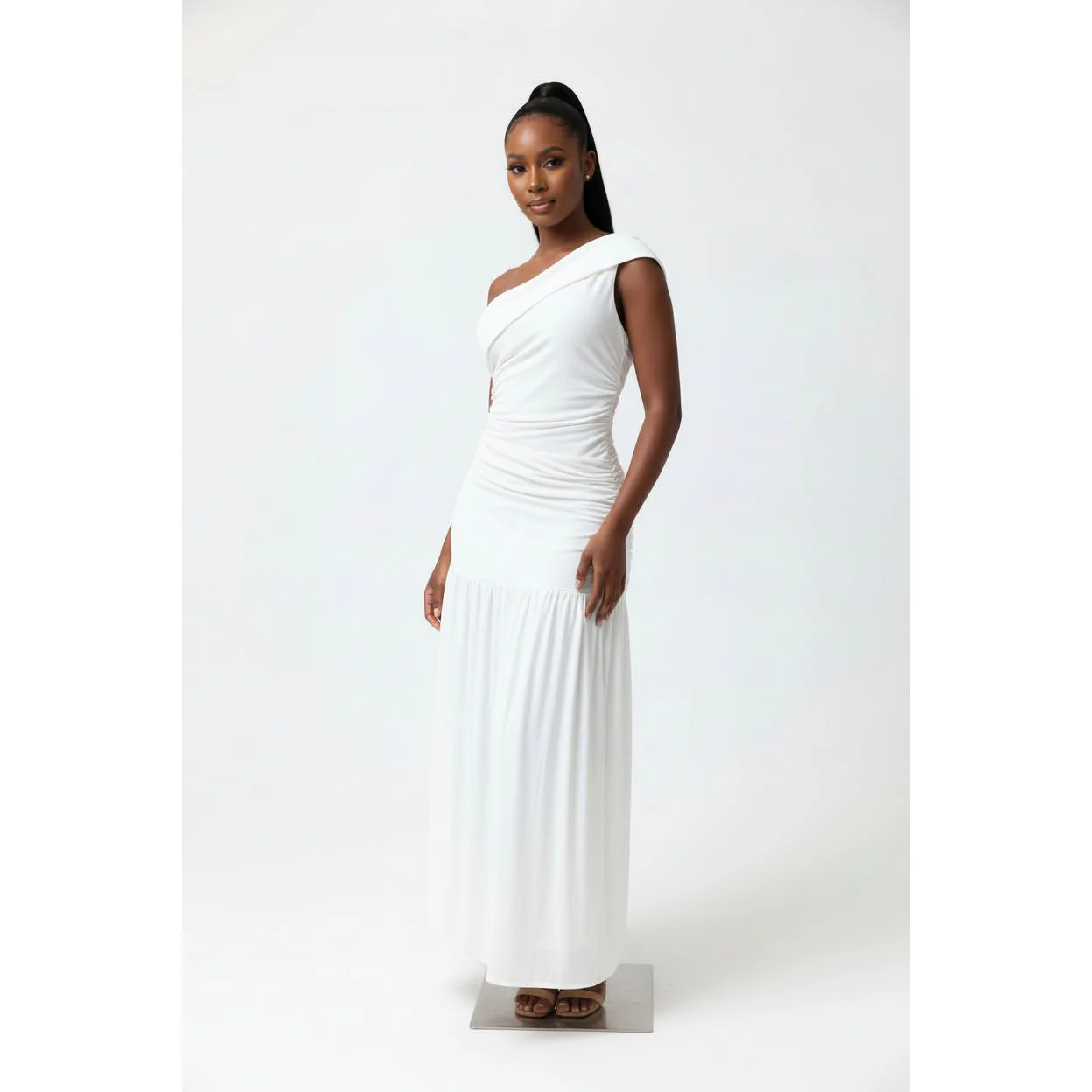 Ruffled Mesh One Shoulder Midi Dress - Image 2