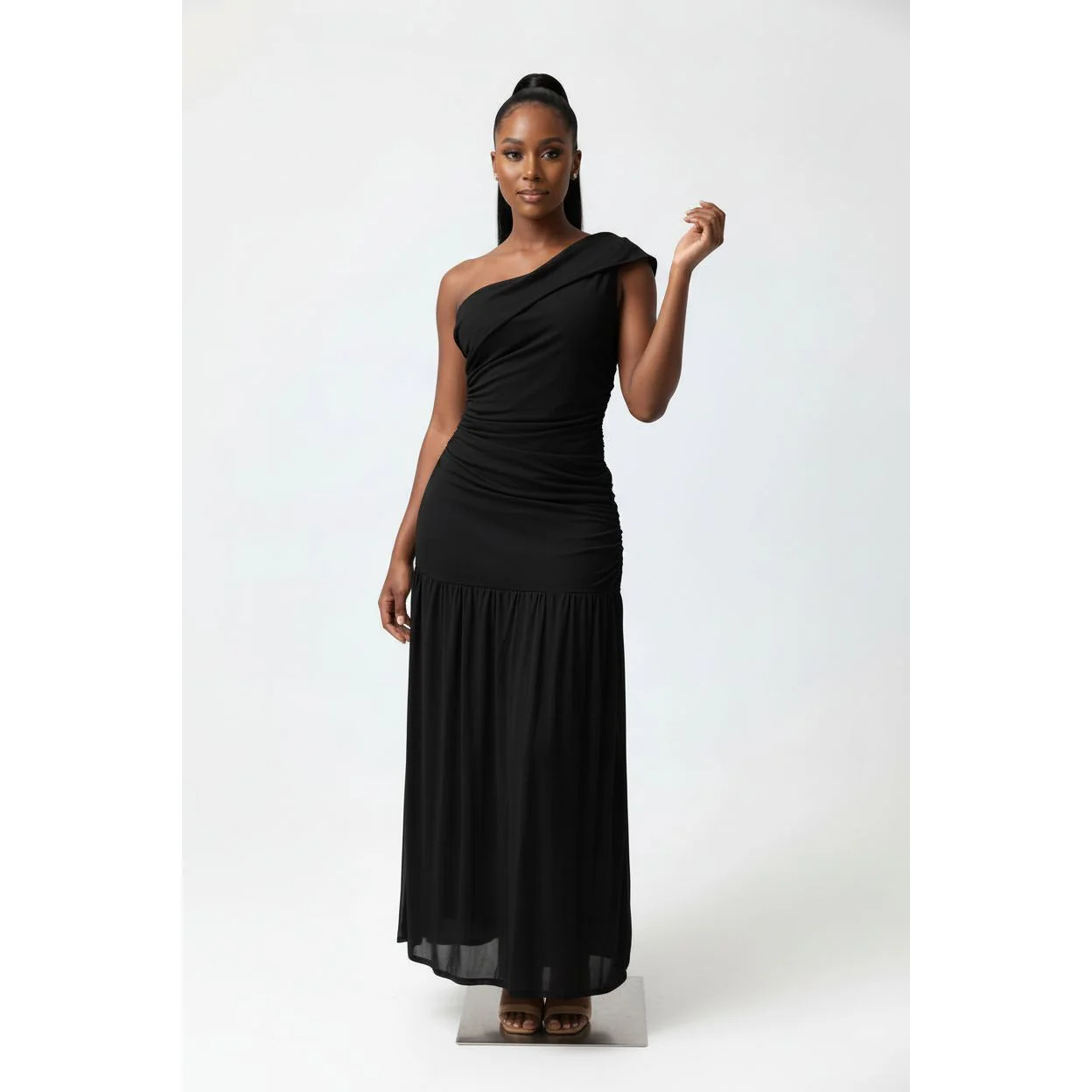 Ruffled Mesh One Shoulder Midi Dress - Image 3