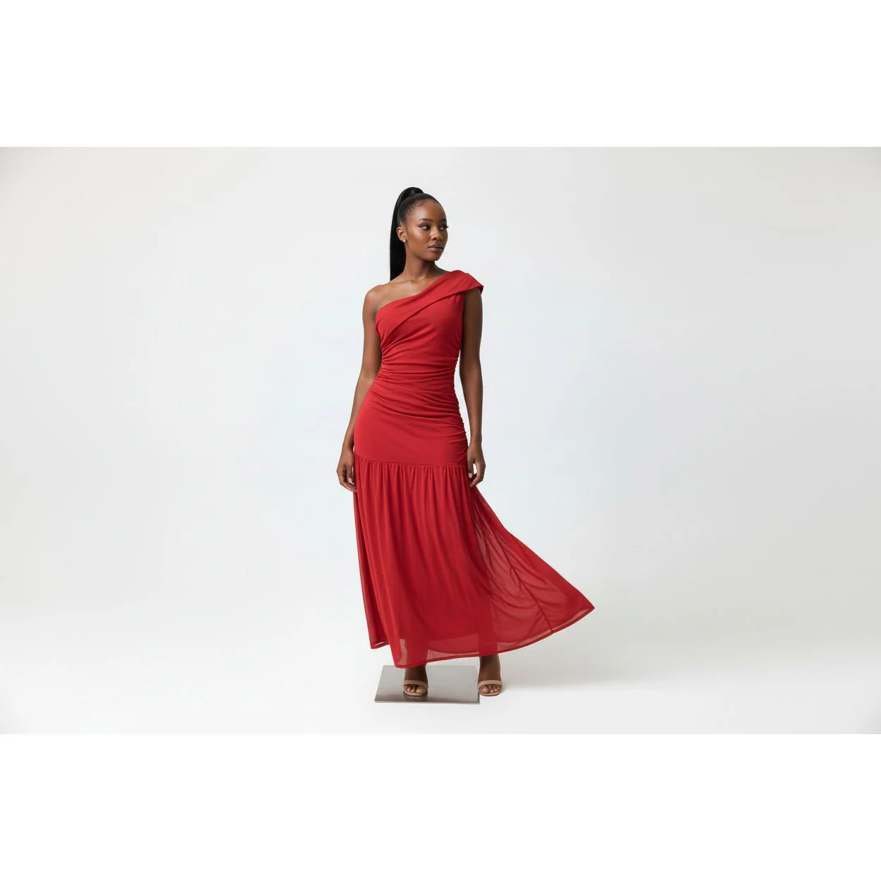 Ruffled Mesh One Shoulder Midi Dress - Image 4