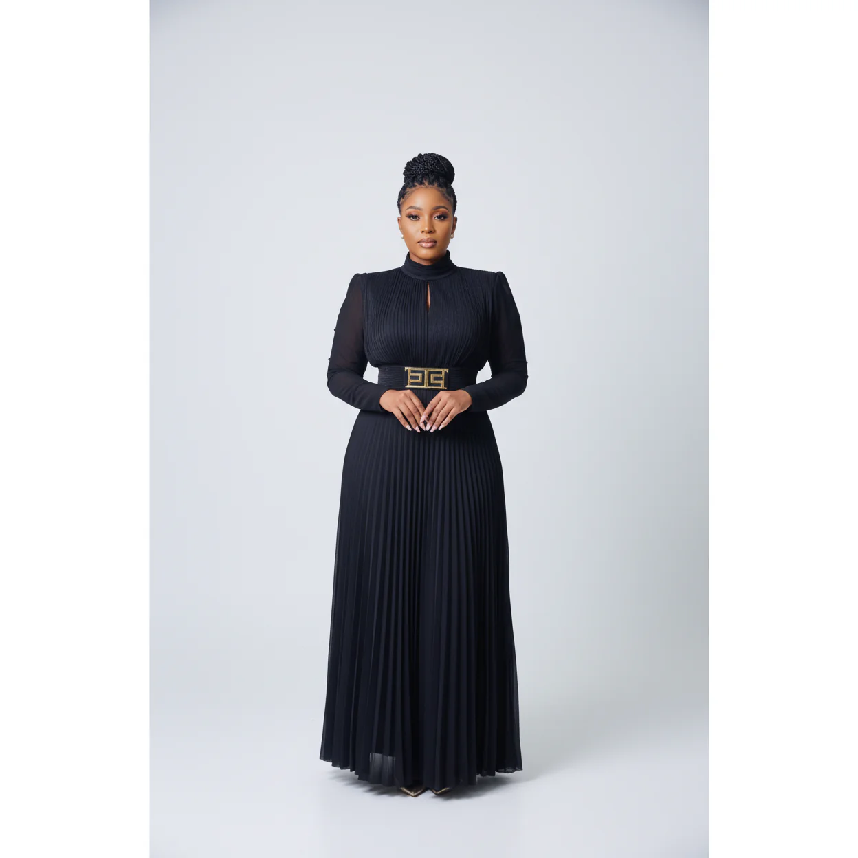 Satin A Line Long Sleeve Pleated High-neck Maxi Dress - Image 2