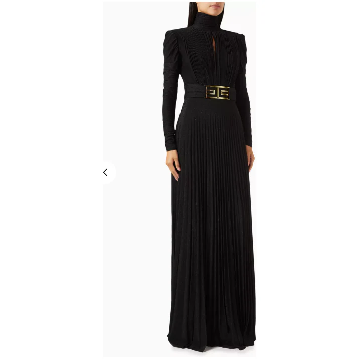Satin A Line Long Sleeve Pleated High-neck Maxi Dress - Image 3
