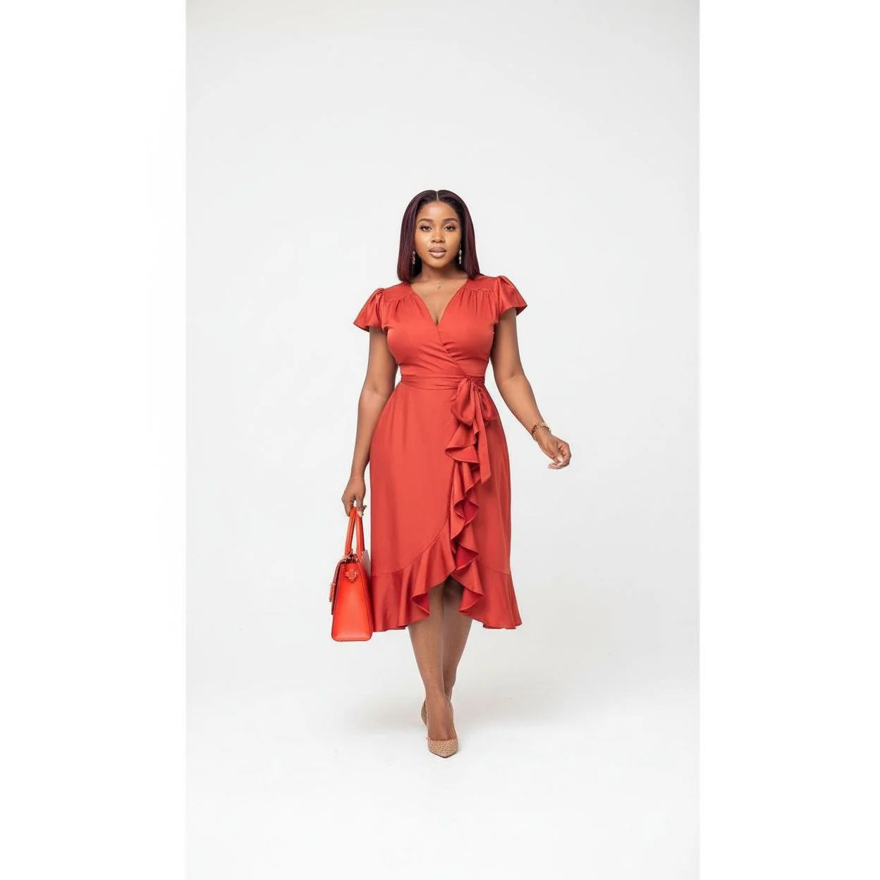 Satin Deep V-Neck Ruffle Dress