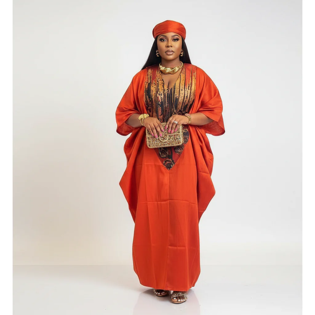 Satin Kaftan African Women Plus Size Robe Dashiki Headscarf Dress