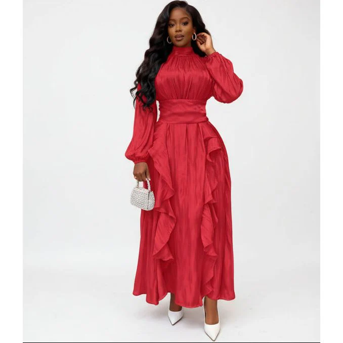 Satin Ruffle Lantern Sleeves Maxi Dress - Image 2