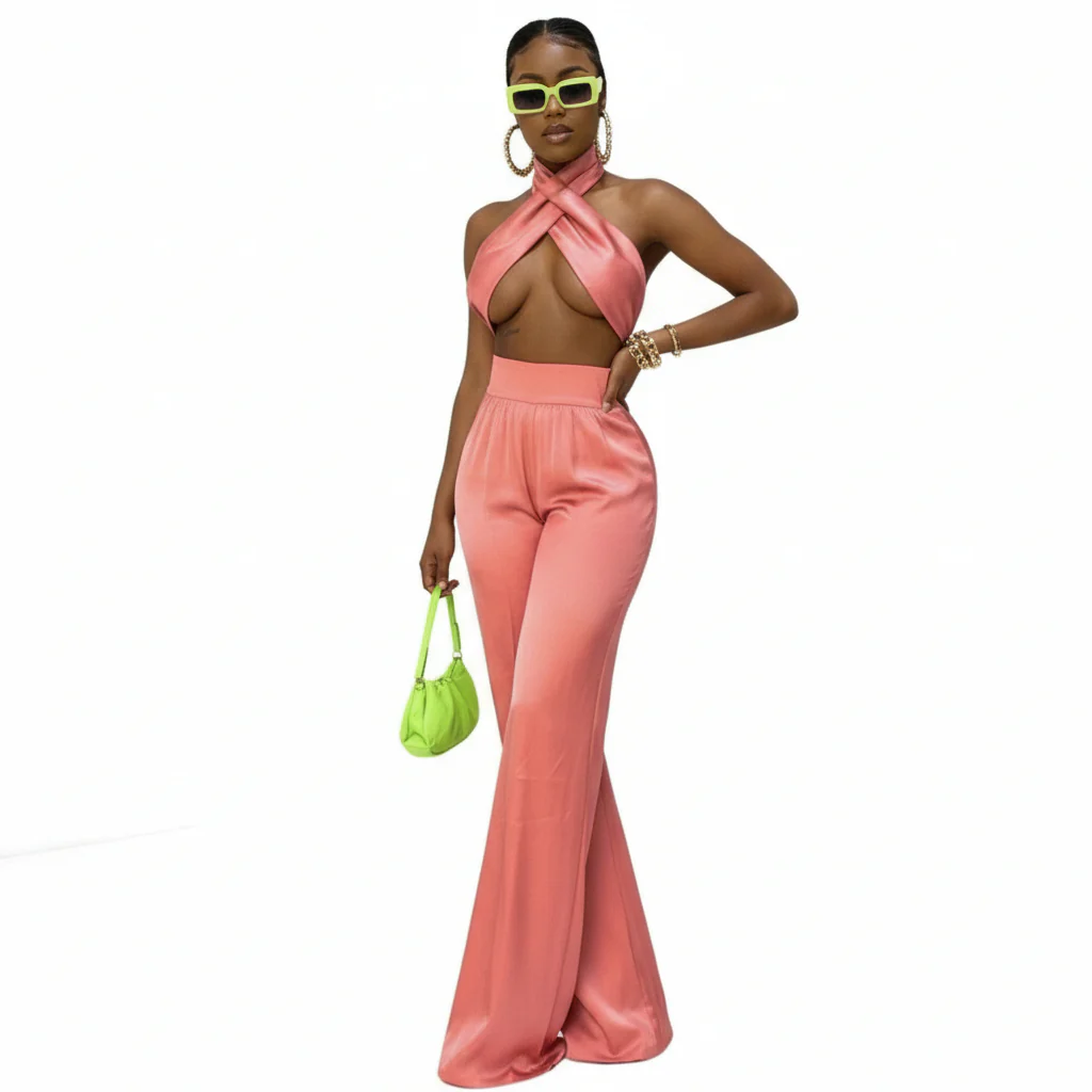 Satin Sexy Crop Top & Pants Set - Image 2