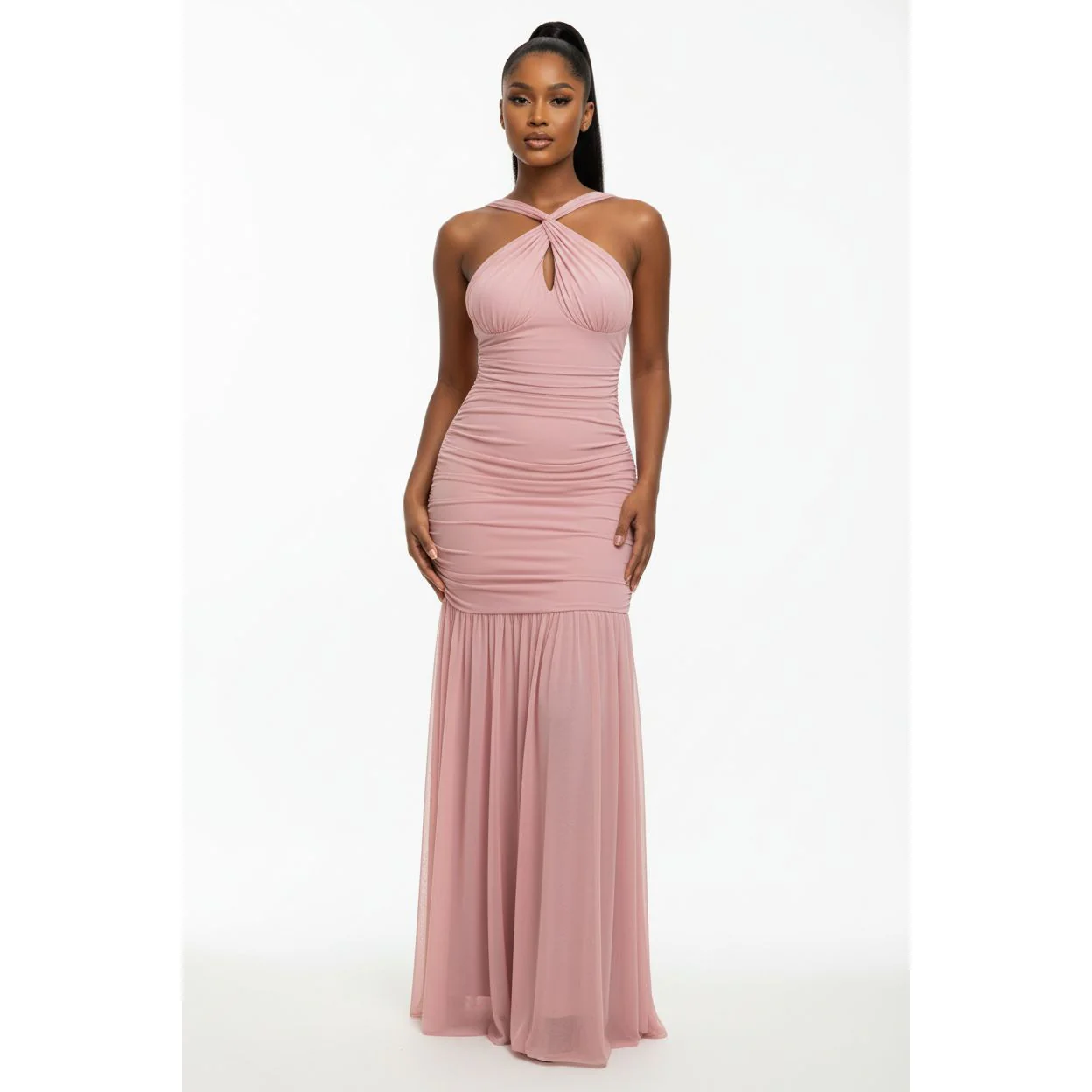 Scarf Style Ruched Mesh Maxi Dress - Image 3
