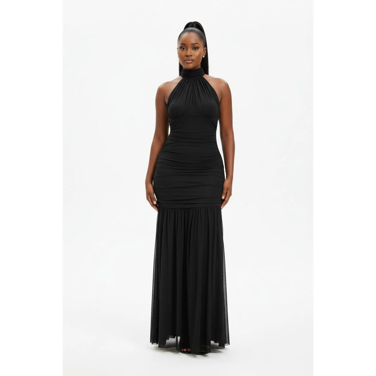 Scarf Style Ruched Mesh Maxi Dress - Image 4
