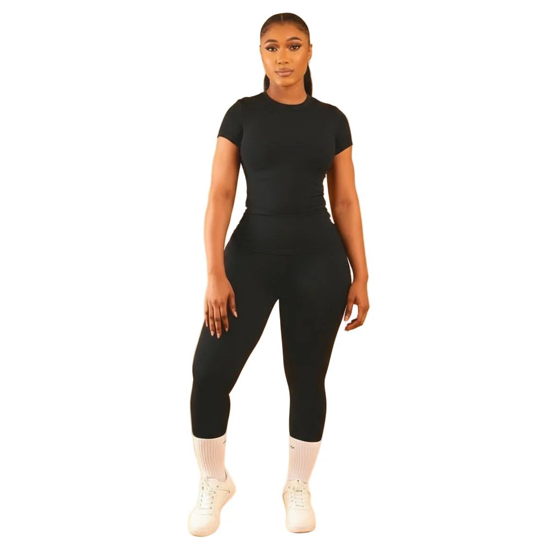 Seamless Workout Short Sleeve Crop Top & High Waist Leggings Set - Image 2