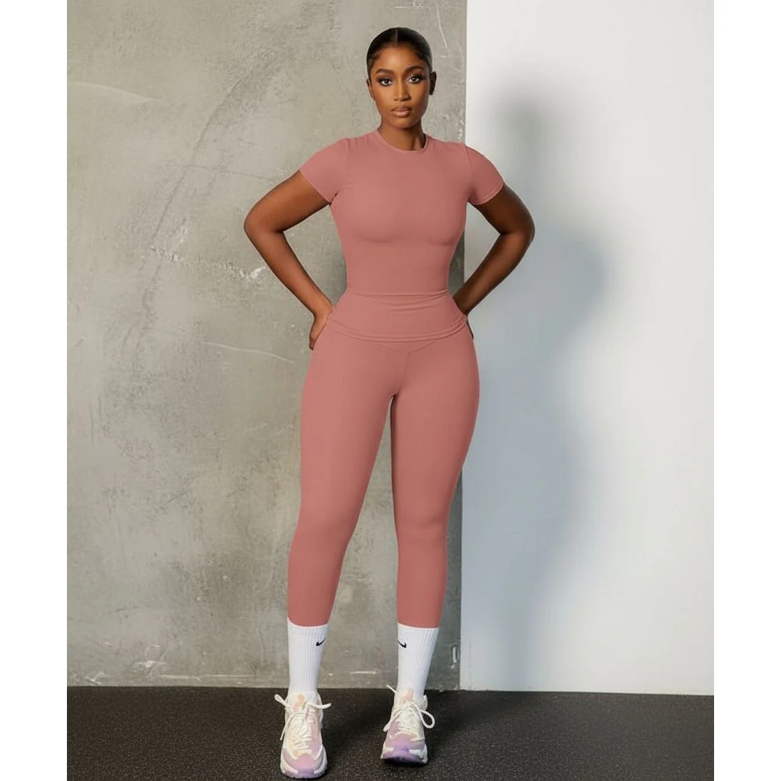 Seamless Workout Short Sleeve Crop Top & High Waist Leggings Set - Image 3