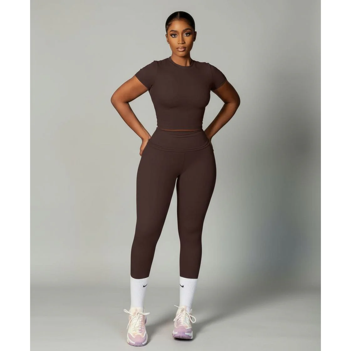Seamless Workout Short Sleeve Crop Top & High Waist Leggings Set - Image 4