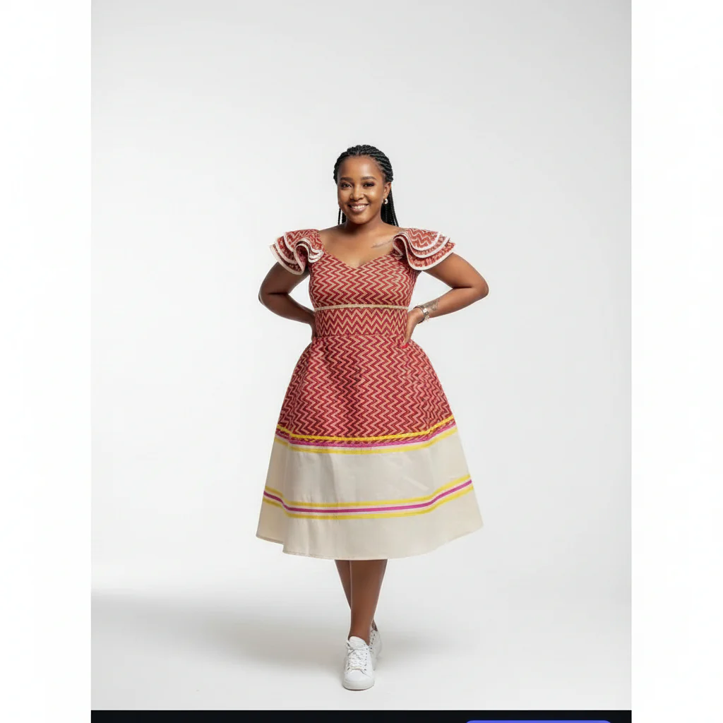 Sepedi Traditional Design Dress with Long Slit - Image 3