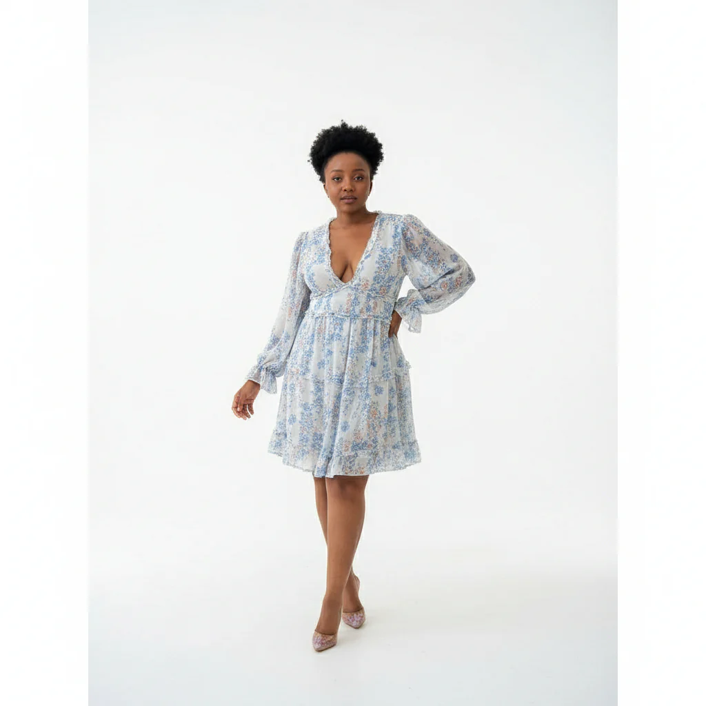 Sexy Backless V-Neck Printed Long Sleeve Summer Dress - Image 3