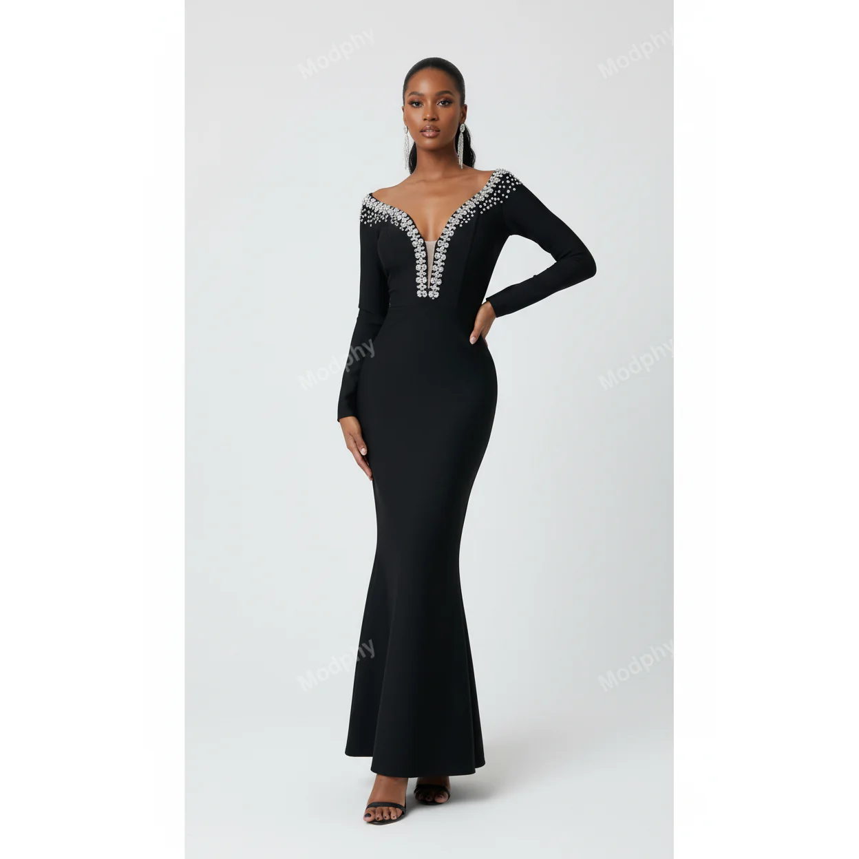 Sexy Diamond V-Neck Sheer Long Sleeve Tight-Fitting Hem Bodycon Dress - Image 2