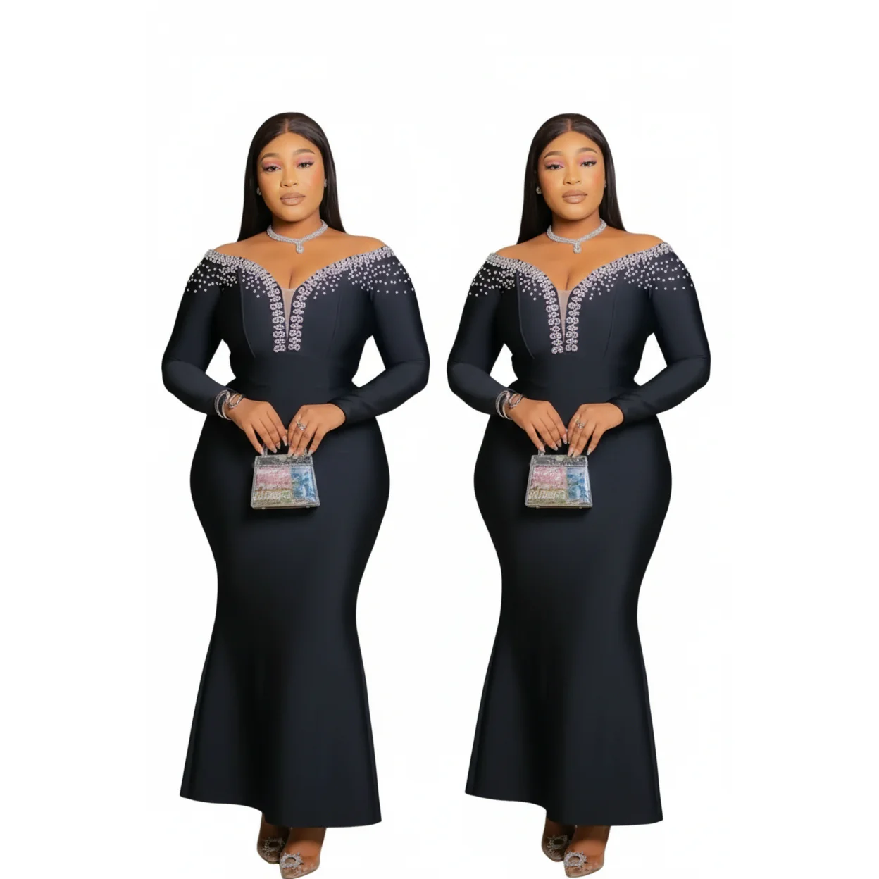 Sexy Diamond V-Neck Sheer Long Sleeve Tight-Fitting Hem Bodycon Dress - Image 3