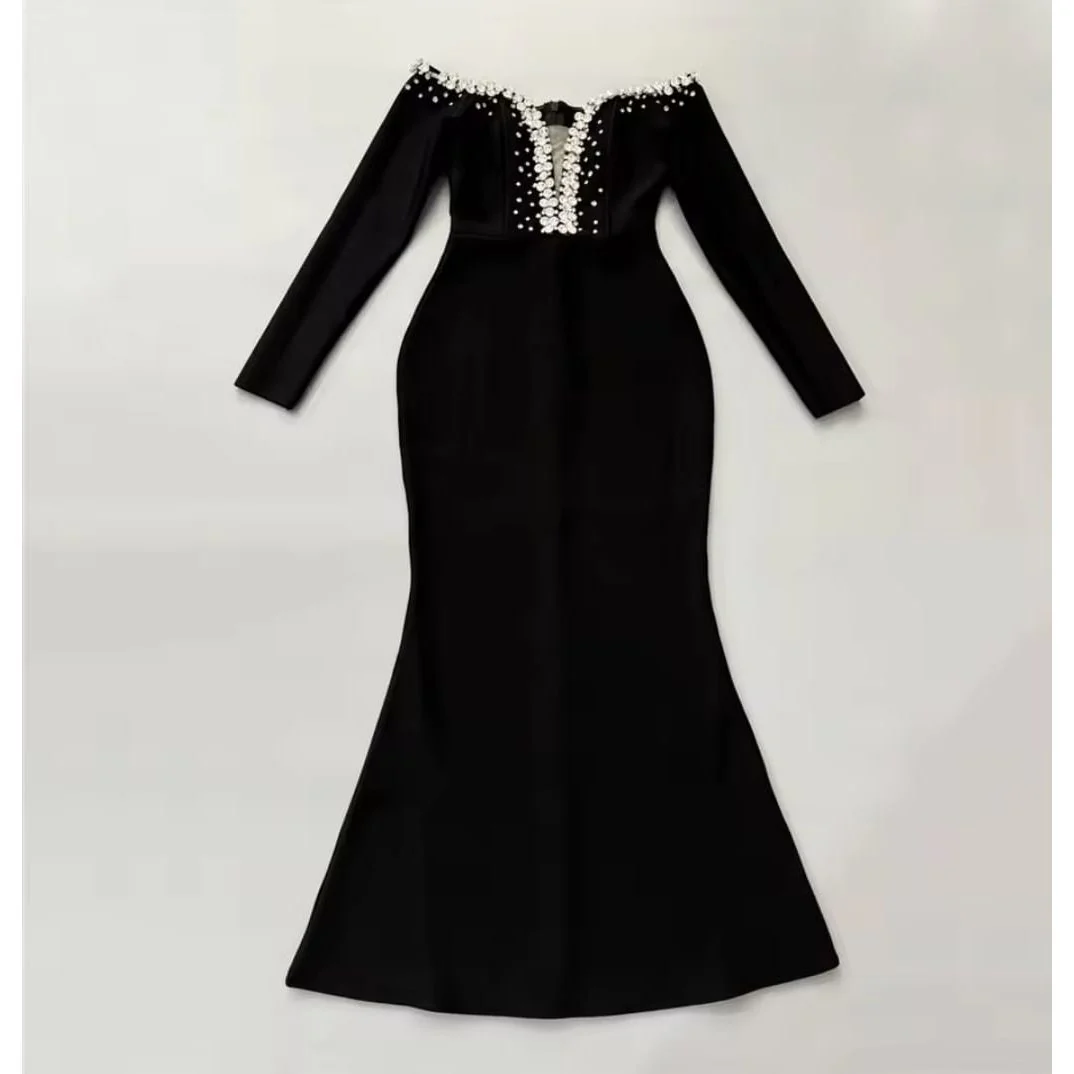 Sexy Diamond V-Neck Sheer Long Sleeve Tight-Fitting Hem Bodycon Dress - Image 4