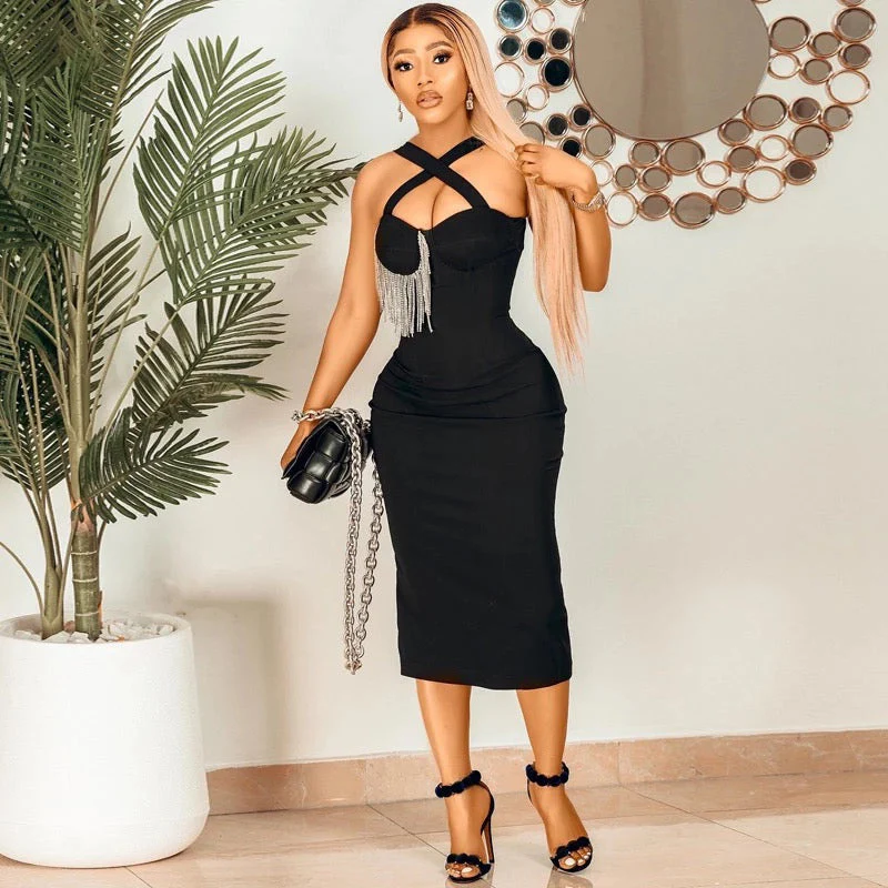 Sexy Halter Strap Crystal Tassels Bodycon Dress - Image 3