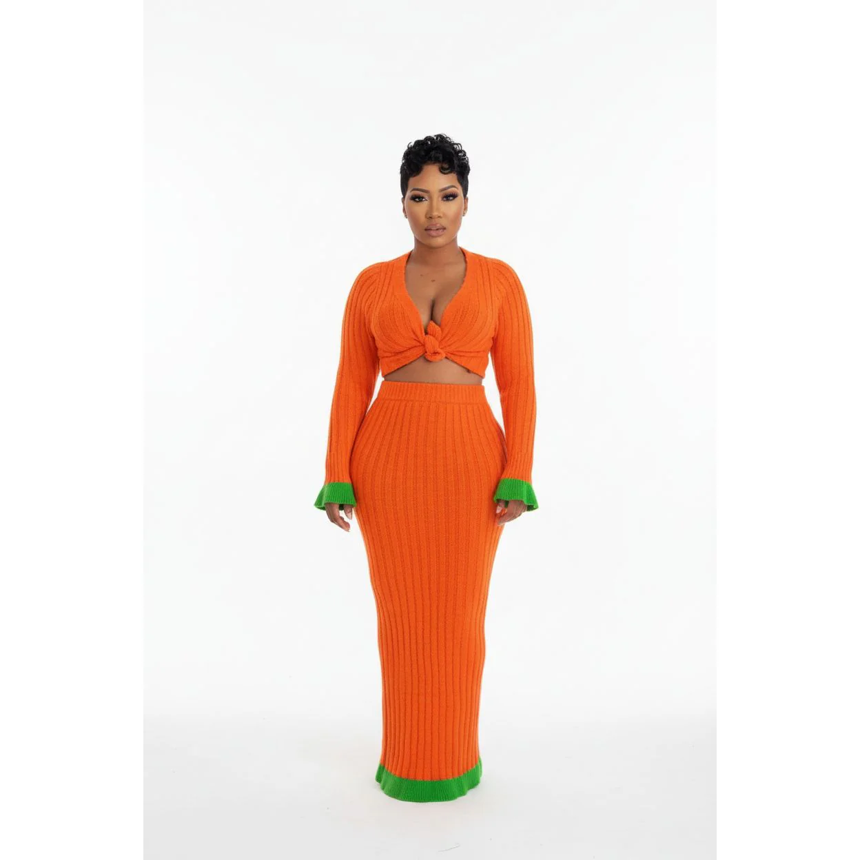 Sexy Knitted Buttoned Top and Skirt Set - Image 2