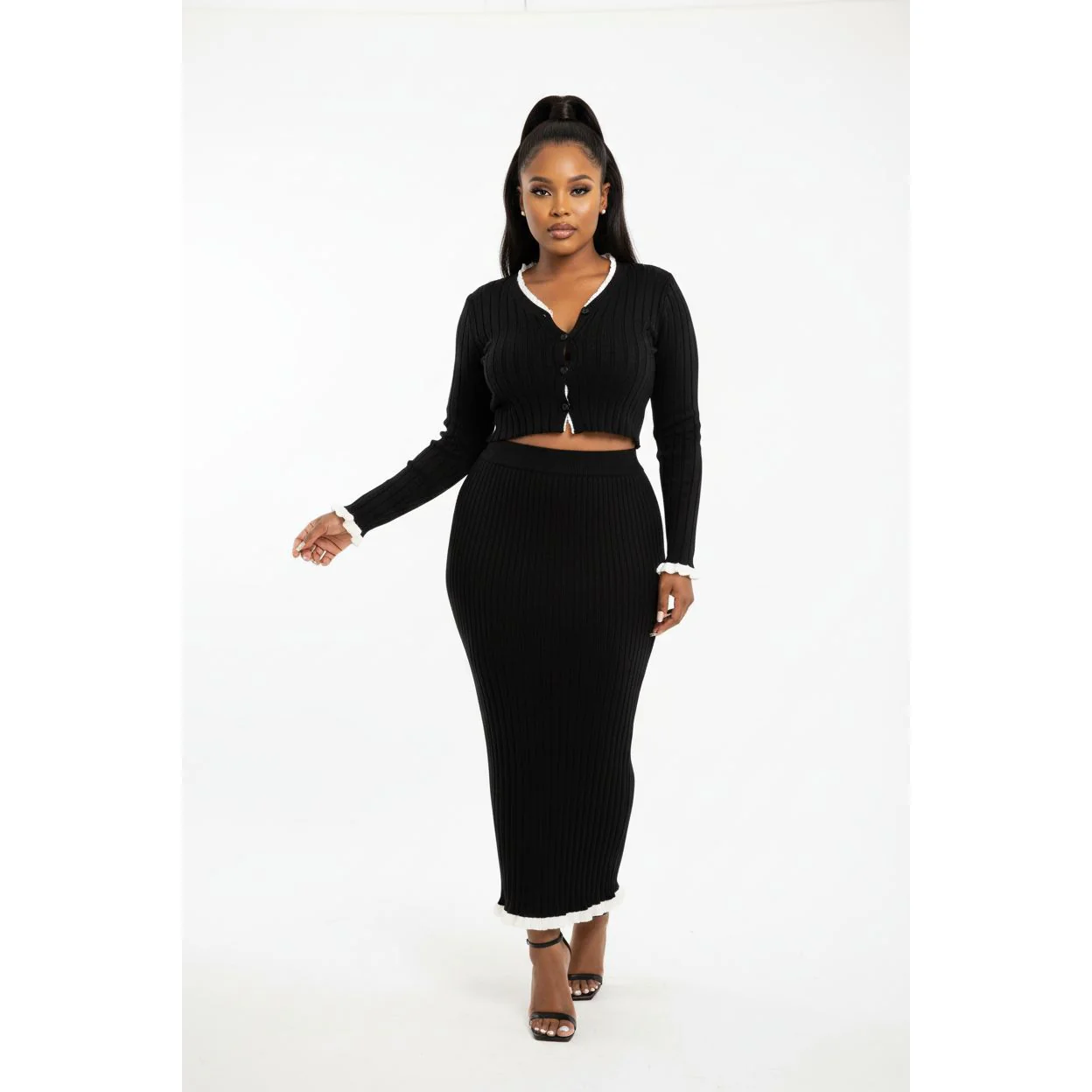 Sexy Knitted Buttoned Top and Skirt Set - Image 4