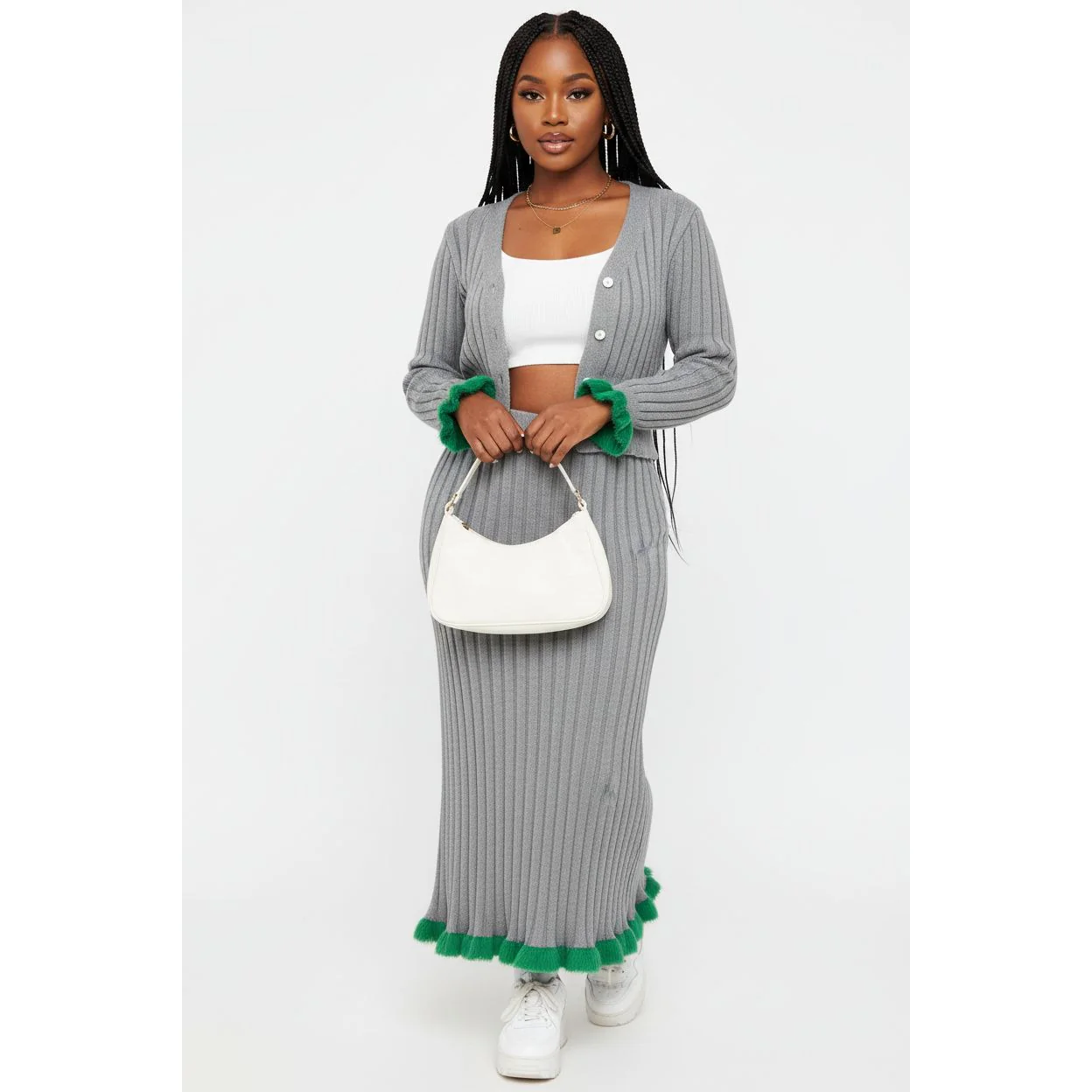 Sexy Knitted Buttoned Top and Skirt Set