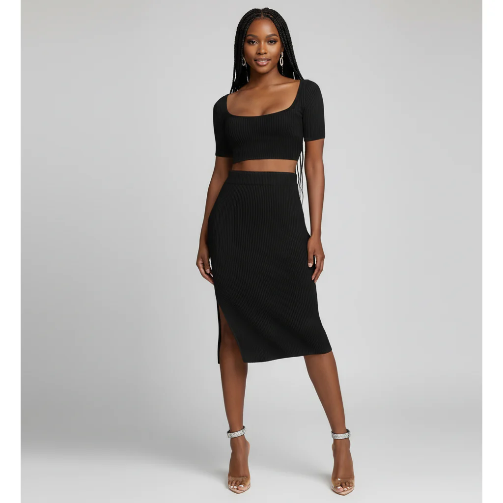 Sexy Knitted Short Sleeve Top & Skirt Set