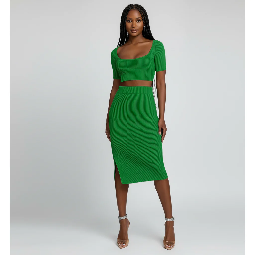 Sexy Knitted Short Sleeve Top & Skirt Set - Image 2